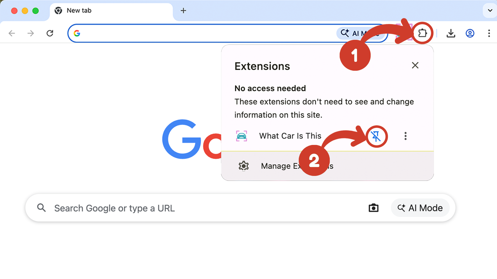 Chrome toolbar with the extensions puzzle icon and the pin option for What Car Is This highlighted