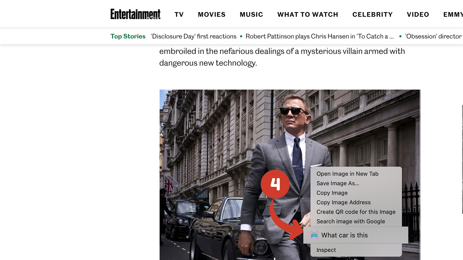 Context menu on a web image with the What Car Is This option to identify the car